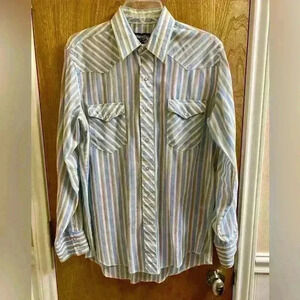 Vintage Wrangler Long Sleeve Pearl Snap White W/ Blue & Multicolored Stripes